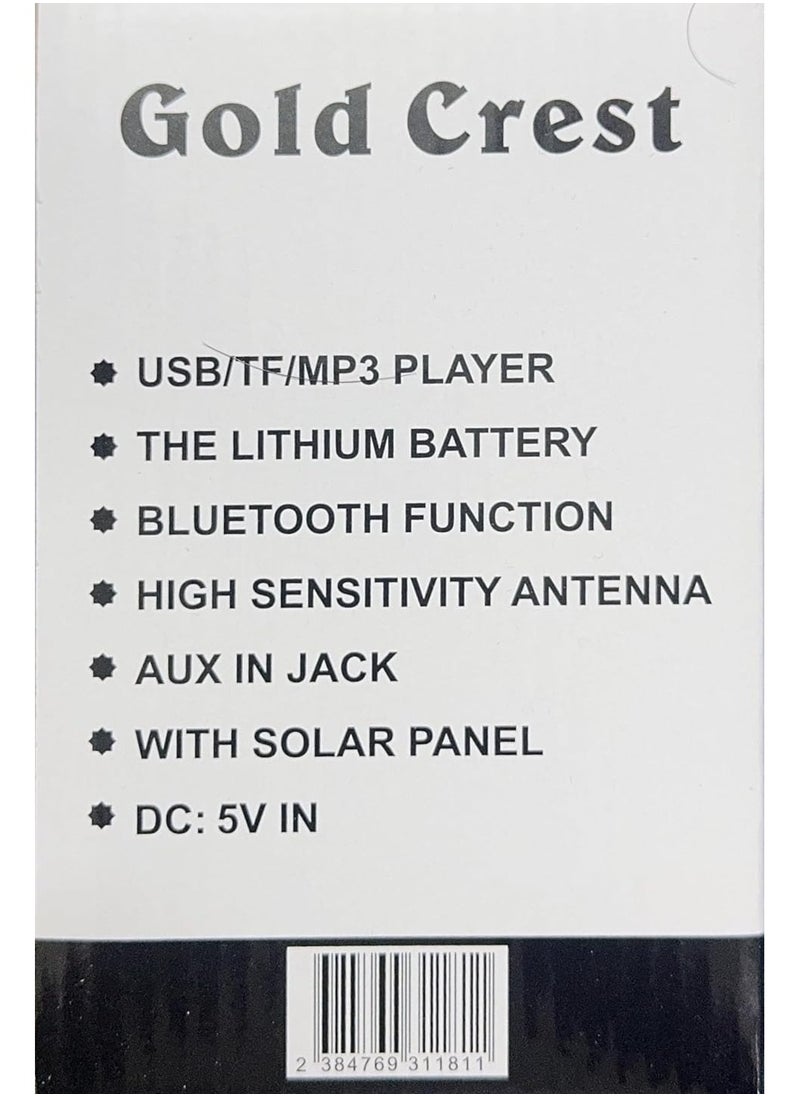 Gold Crest Old Radio Speaker Bluetooth & HIFI-Speaker with Solar Panels, Sd Card, Usb And Aux Port, Radio FM/ AM/SW Brown wood Portable Audio TF Card USB Flash disk Aux playback, GO-1182US-BT