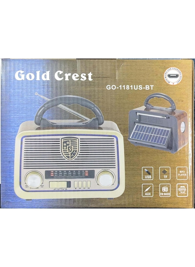 Denx Gold Crest Old Radio Speaker Bluetooth & HIFI-Speaker with Solar Panels, Sd Card, Usb And Aux Port, Radio FM/ AM/SW Brown wood Portable Audio TF Card USB Flash disk Aux playback, GO-1182US-BT  - Image 5