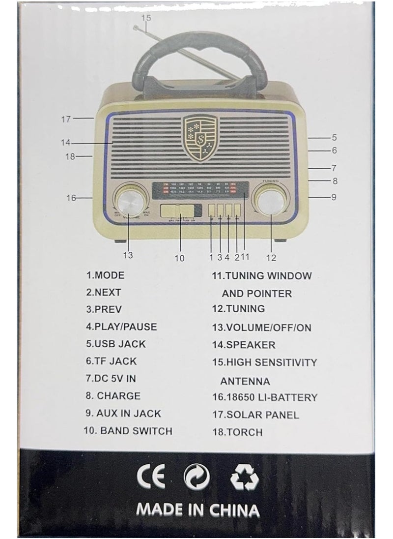 Gold Crest Old Radio Speaker Bluetooth & HIFI-Speaker with Solar Panels, Sd Card, Usb And Aux Port, Radio FM/ AM/SW Brown wood Portable Audio TF Card USB Flash disk Aux playback, GO-1182US-BT