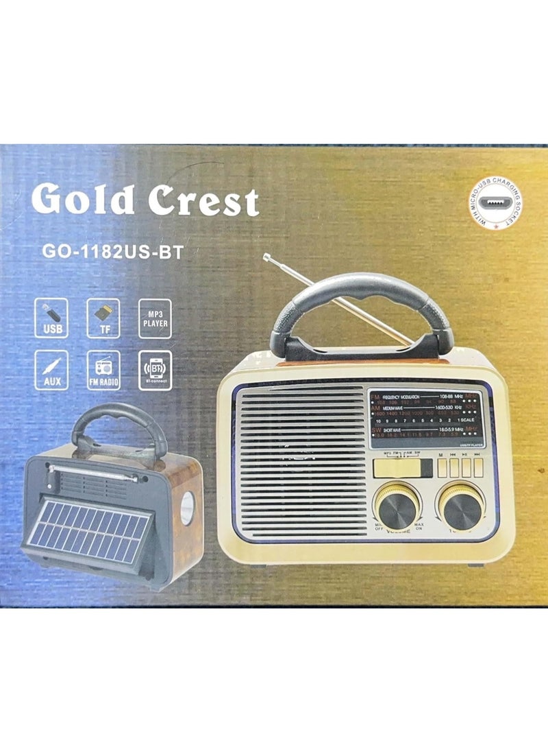 Gold Crest Old Radio Speaker Bluetooth & HIFI-Speaker with Solar Panels, Sd Card, Usb And Aux Port, Radio FM/ AM/SW Brown wood Portable Audio TF Card USB Flash disk Aux playback, GO-1182US-BT