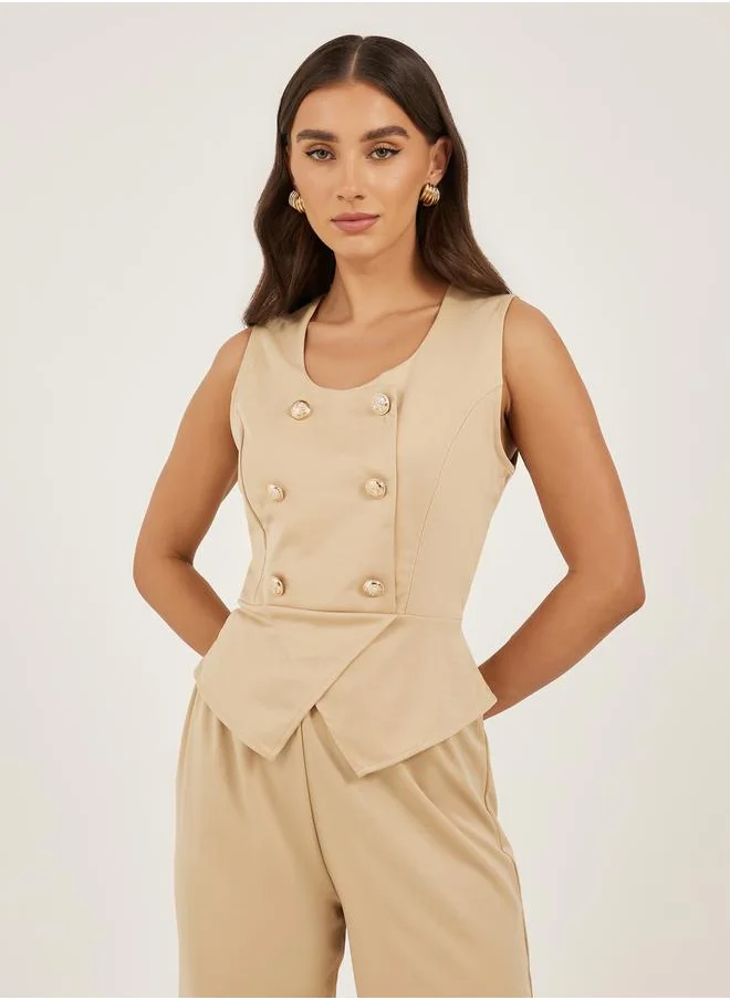 تايك تو Solid Buttoned Tank Top with Wide Leg Pants Co-Ords by Styli