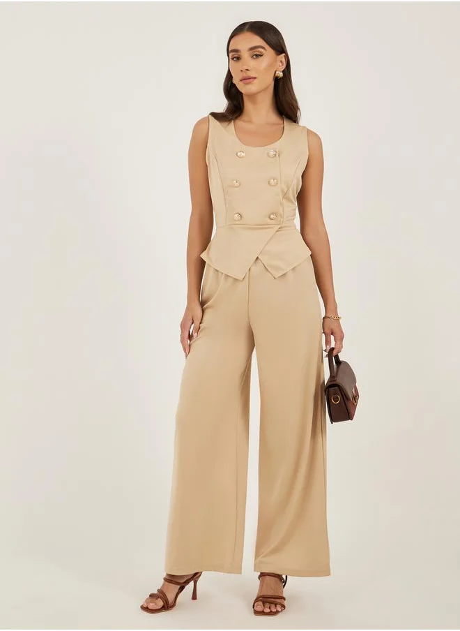 تايك تو Solid Buttoned Tank Top with Wide Leg Pants Co-Ords by Styli