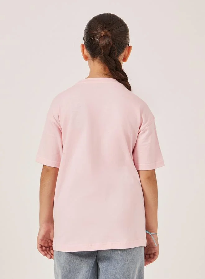 Styli Solid Oversized T-Shirt with Badge Detail