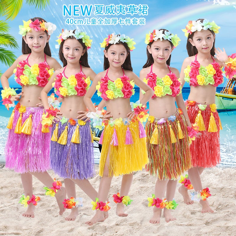 Children's Day New Children's Hula Skirt 40cm Double Layer Thickened Seven-Piece Hawaiian Hula Performance Costume - Image 2