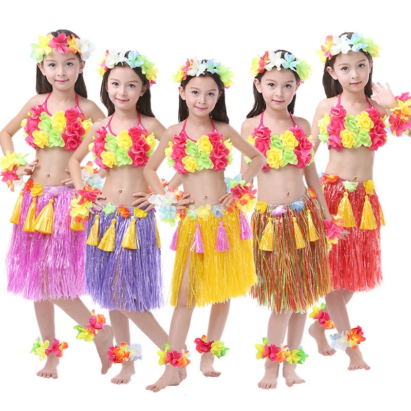 Children's Day New Children's Hula Skirt 40cm Double Layer Thickened Seven-Piece Hawaiian Hula Performance Costume - Image 3