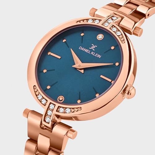 Daniel Klein Analog Dark Teal Round Dial Rose Gold Metal Strap Stone-Studded Water-Resistant Wrist Watch for Women Girls, Ladies DK.1.12320-9 - Image 3