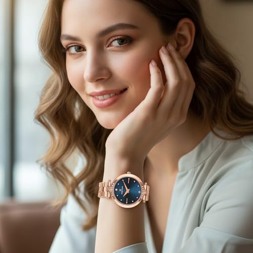 Daniel Klein Analog Dark Teal Round Dial Rose Gold Metal Strap Stone-Studded Water-Resistant Wrist Watch for Women Girls, Ladies DK.1.12320-9 - Image 4