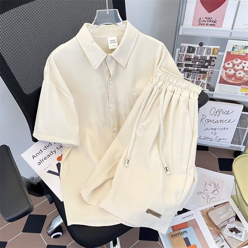 Ice Silk Thin Summer Shorts suit Shirt Short-sleeved Mens Casual Loose Solid Color plus size Sportswear Summer Clothes Apricot 
