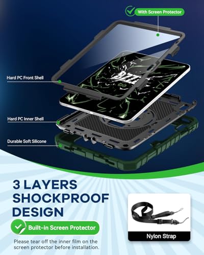 Cantis Case for iPad 11-inch (A16) 2025/ iPad 10th Generation 2022 (10.9 inch) with Screen Protector, 11th Case with 360 Degree Rotating Stand/Shoulder Strap/Pencil Holder, Alpine Green - Image 3