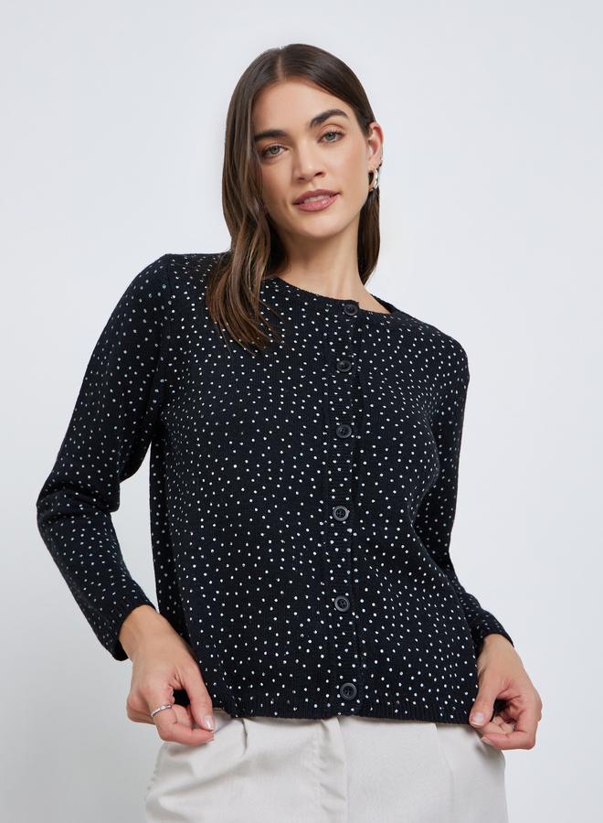 Styli Black Regular Fit Dotted Knit Cardigan - Image 3