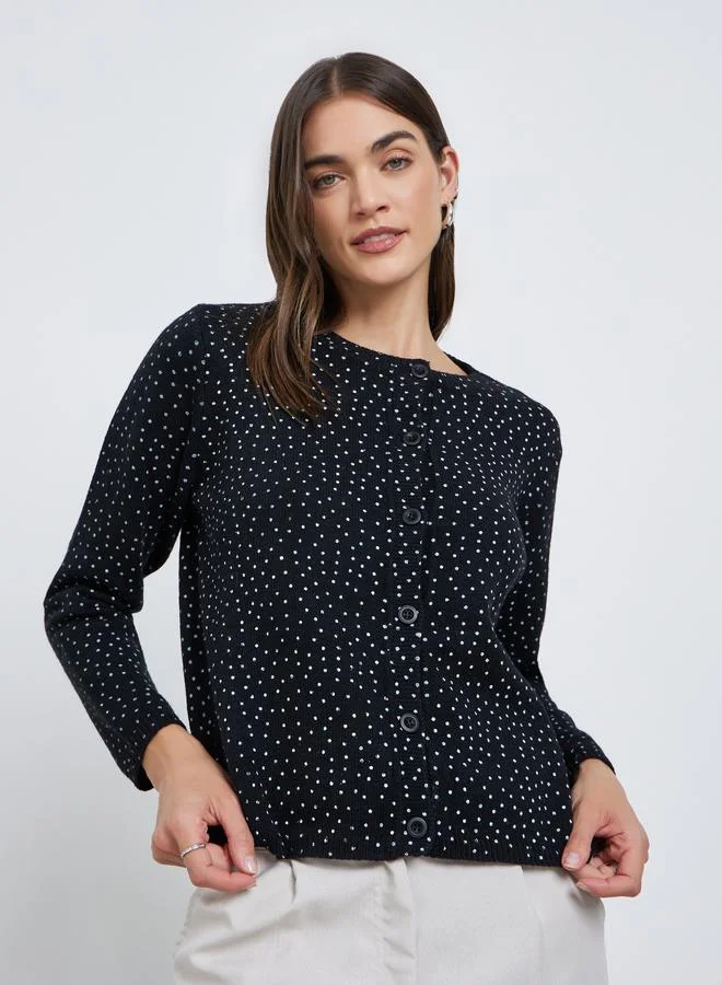 Styli Black Regular Fit Dotted Knit Cardigan