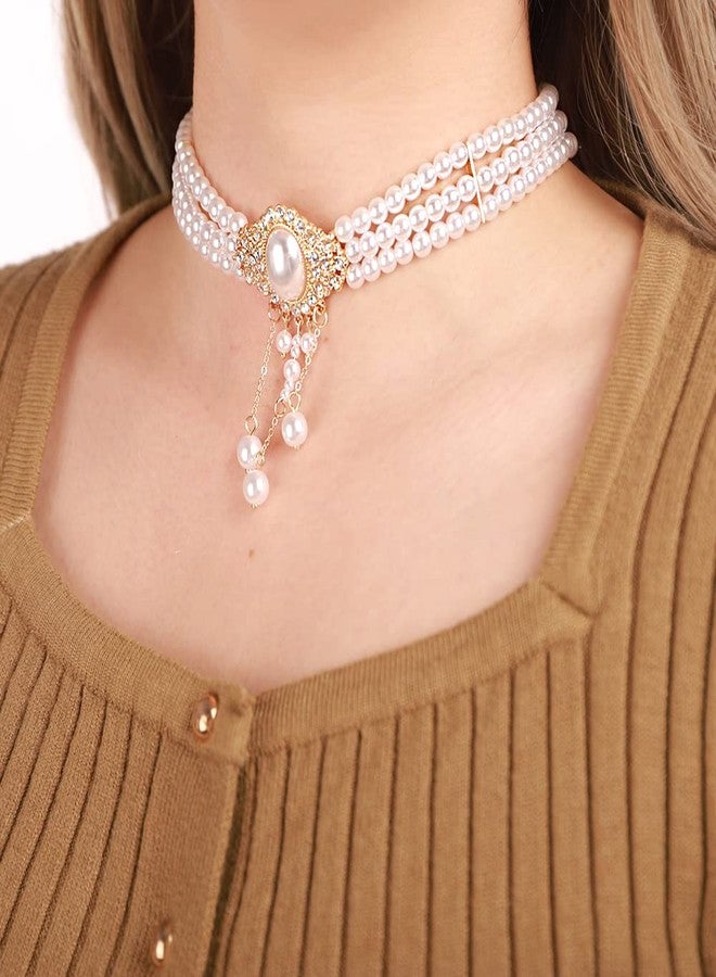 Xerling Vintage 1920s Layered Faux Pearl Choker Necklaces Imitation Pearl Rhinestones Pendant Chains Flapper Costume Necklaces for Party - Image 4
