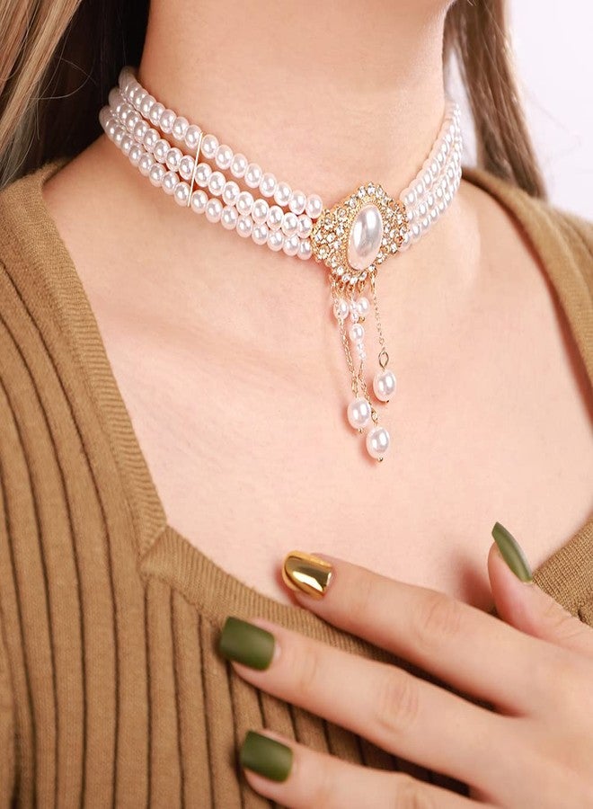 Xerling Vintage 1920s Layered Faux Pearl Choker Necklaces Imitation Pearl Rhinestones Pendant Chains Flapper Costume Necklaces for Party - Image 3