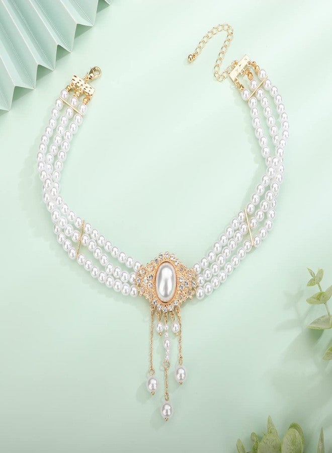 Xerling Vintage 1920s Layered Faux Pearl Choker Necklaces Imitation Pearl Rhinestones Pendant Chains Flapper Costume Necklaces for Party - Image 5
