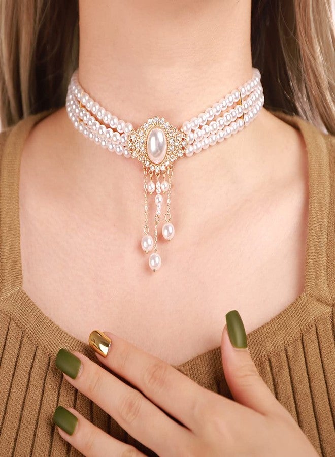 Xerling Vintage 1920s Layered Faux Pearl Choker Necklaces Imitation Pearl Rhinestones Pendant Chains Flapper Costume Necklaces for Party - Image 2