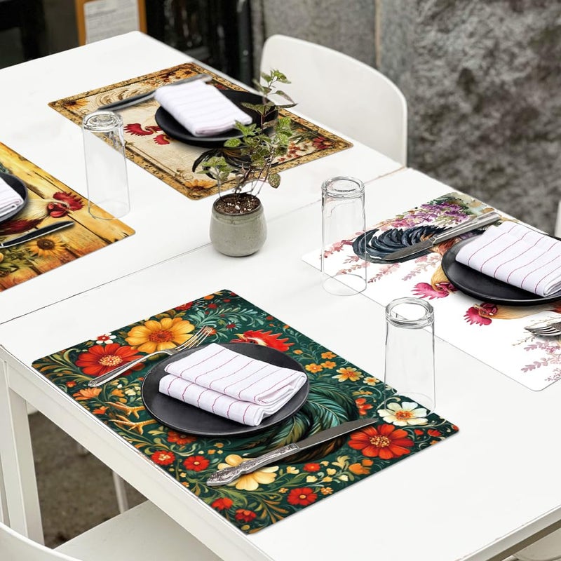 Peacoblue Vintage Rooster Placemats Set of 6,12"x17" Waterproof Washable Table Place Mats for Indoor Outdoor Farmhouse Party Kitchen Dining Table Decoration - Image 5