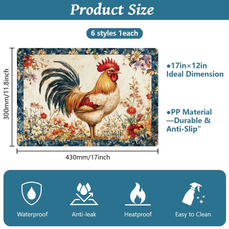 Peacoblue Vintage Rooster Placemats Set of 6,12"x17" Waterproof Washable Table Place Mats for Indoor Outdoor Farmhouse Party Kitchen Dining Table Decoration - Image 2