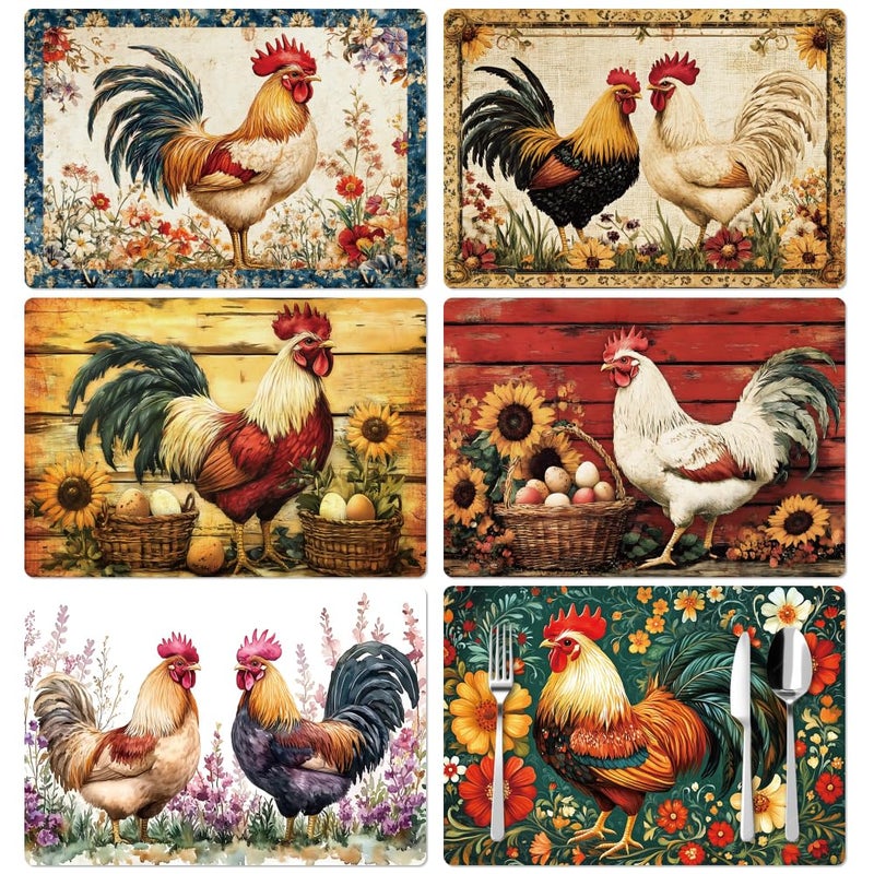 Peacoblue Vintage Rooster Placemats Set of 6,12"x17" Waterproof Washable Table Place Mats for Indoor Outdoor Farmhouse Party Kitchen Dining Table Decoration - Image 1