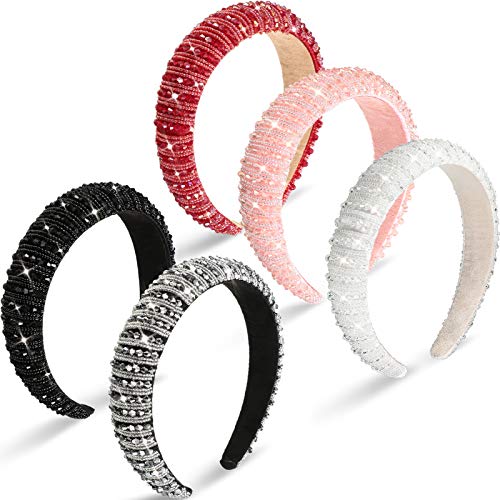 Syhood 5 Pcs Rhinestone Padded Headband Valentines Crystal Diamond Beaded Bling Glitter Headband Wide Edge Headwear Rhinestone Embellished Headpiece Gift Wedding Hair AccessoryMixed Color - Image 2