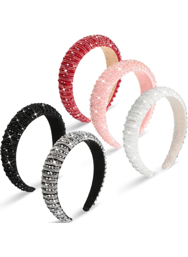 Syhood 5 Pcs Rhinestone Padded Headband Valentines Crystal Diamond Beaded Bling Glitter Headband Wide Edge Headwear Rhinestone Embellished Headpiece Gift Wedding Hair AccessoryMixed Color - Image 3