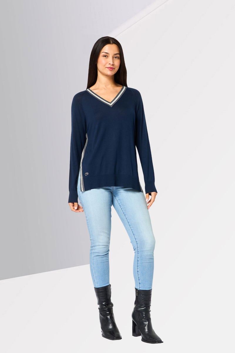 LACOSTE Women V Neck Embroidered Logo Long Sleeve Sweater, Navy - Image 2