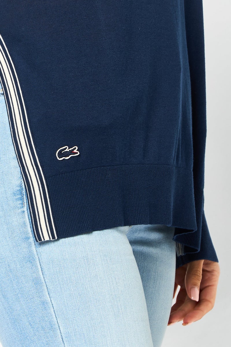 LACOSTE Women V Neck Embroidered Logo Long Sleeve Sweater, Navy - Image 3