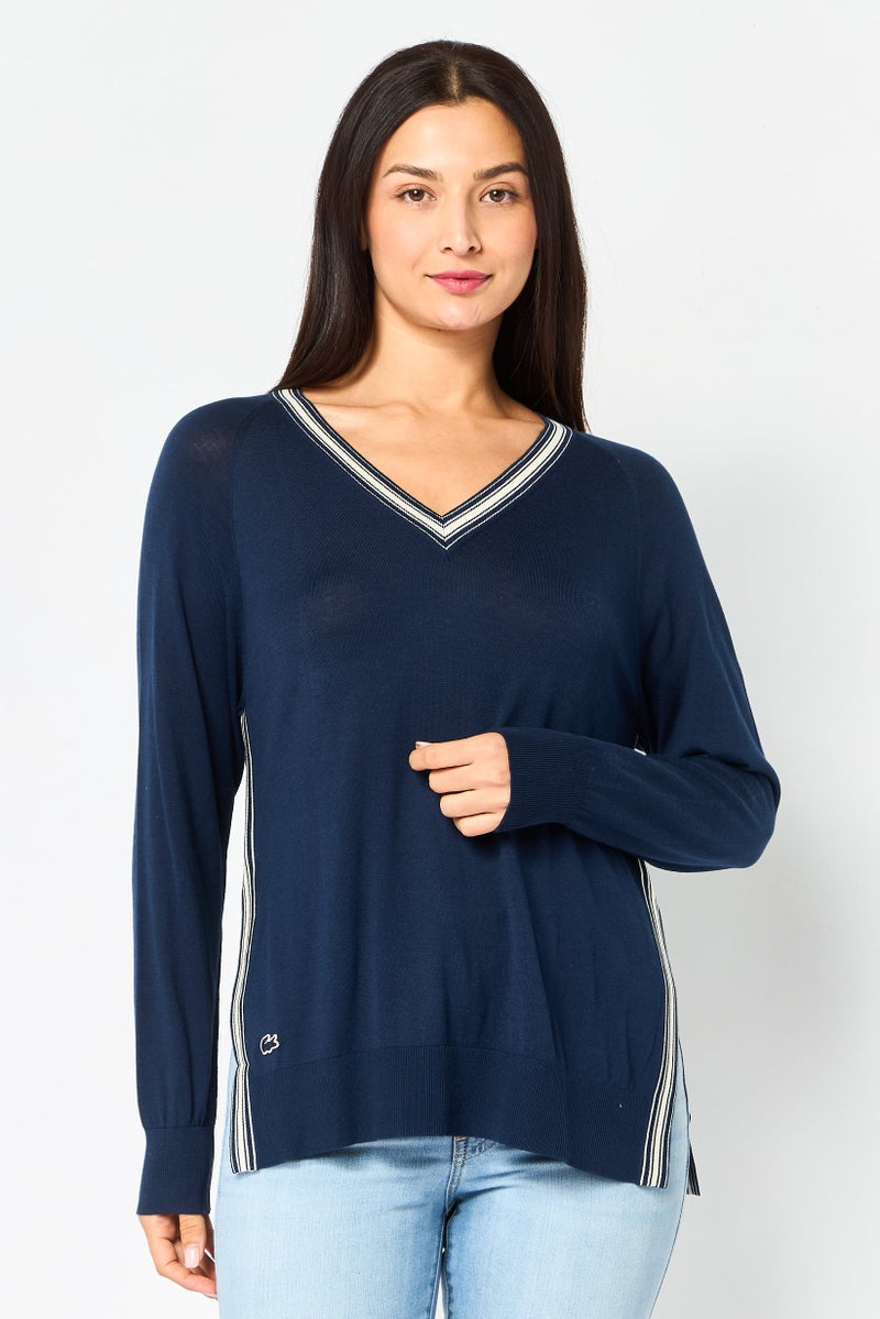 LACOSTE Women V Neck Embroidered Logo Long Sleeve Sweater, Navy - Image 1