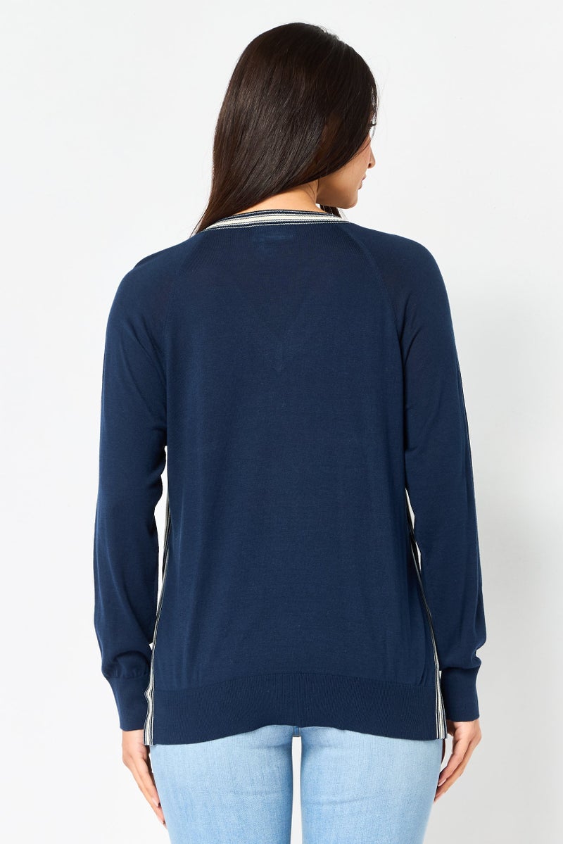LACOSTE Women V Neck Embroidered Logo Long Sleeve Sweater, Navy - Image 4