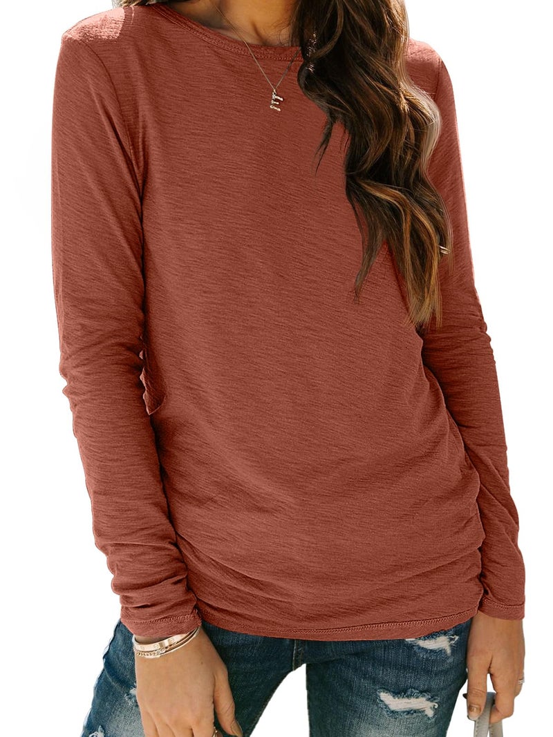AUTOMET Womenâ€˜s Basic Long Sleeve Crewneck, Plus Size Winter & Spring Top, Casual Fall Tee for Teacher & Everyday Outfits 01Rust M - Image 1