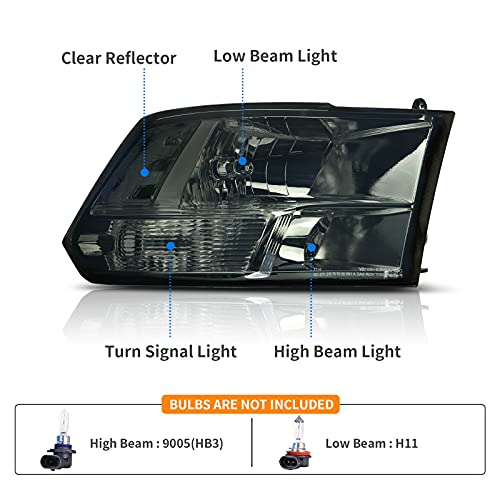 DWVO Headlights Assembly Compatible with 2009-2018 Dodge Ram 1500 2500 3500/2019-2022 Ram 1500 Classic Pickup Quad Headlamp Replacement Smoke Lens Clear Reflector (Only for Quad Models) - Image 2