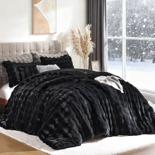 YIKUSH Black Comforter Set Queen - Luxurious Faux Fur Comforter for Winter, Fluffy Comforter Queen Set with 2 Pillowcases, Soft Warm Black Bedding Set - Image 1