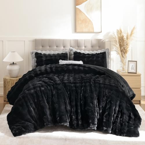 YIKUSH Black Comforter Set Queen - Luxurious Faux Fur Comforter for Winter, Fluffy Comforter Queen Set with 2 Pillowcases, Soft Warm Black Bedding Set - Image 4
