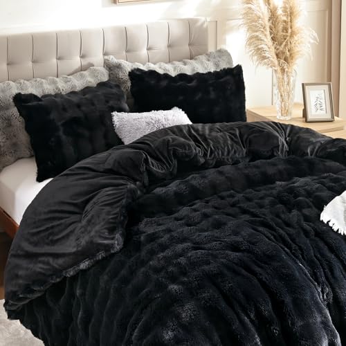 YIKUSH Black Comforter Set Queen - Luxurious Faux Fur Comforter for Winter, Fluffy Comforter Queen Set with 2 Pillowcases, Soft Warm Black Bedding Set - Image 3