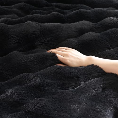 YIKUSH Black Comforter Set Queen - Luxurious Faux Fur Comforter for Winter, Fluffy Comforter Queen Set with 2 Pillowcases, Soft Warm Black Bedding Set - Image 5