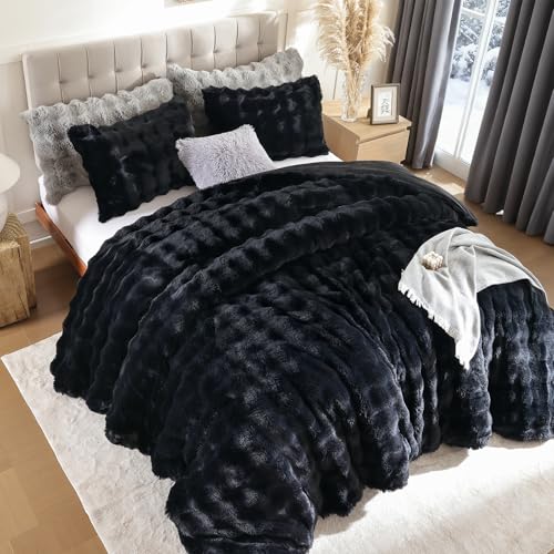 YIKUSH Black Comforter Set Queen - Luxurious Faux Fur Comforter for Winter, Fluffy Comforter Queen Set with 2 Pillowcases, Soft Warm Black Bedding Set - Image 2