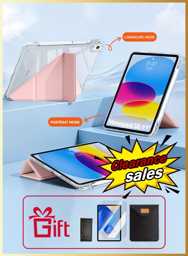 For HWAWEI Matepad SE 11-Inch Pad Case With Pen Slot, Shockproof Y Folding Stand, Transparent Tpu Protective Case,  Flip Cover Stand Smart Wake-Up/ Free AED 23 Anti-Glare Protective Film - Pink - Image 1