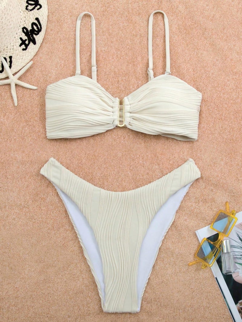 Fanuerg Women's Ribbed Bikini Sets U Wire Adjustable Spaghetti Straps Swimsuit Textured Ruched Two Piece Bathing Suit Beige S - Image 3