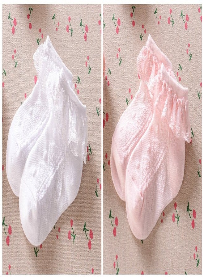 Epeius 2 Pairs Baby-Girls Toddlers Eyelet Frilly Lace Socks Princess Ankle Socks for 1-2 Years White/Pink/Off White - Image 3
