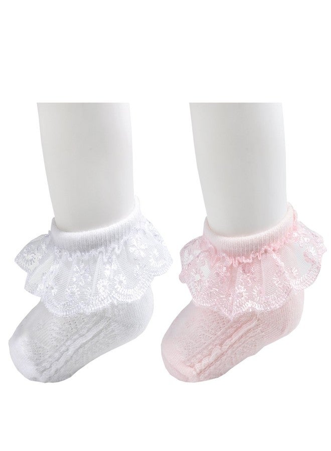 Epeius 2 Pairs Baby-Girls Toddlers Eyelet Frilly Lace Socks Princess Ankle Socks for 1-2 Years White/Pink/Off White - Image 2