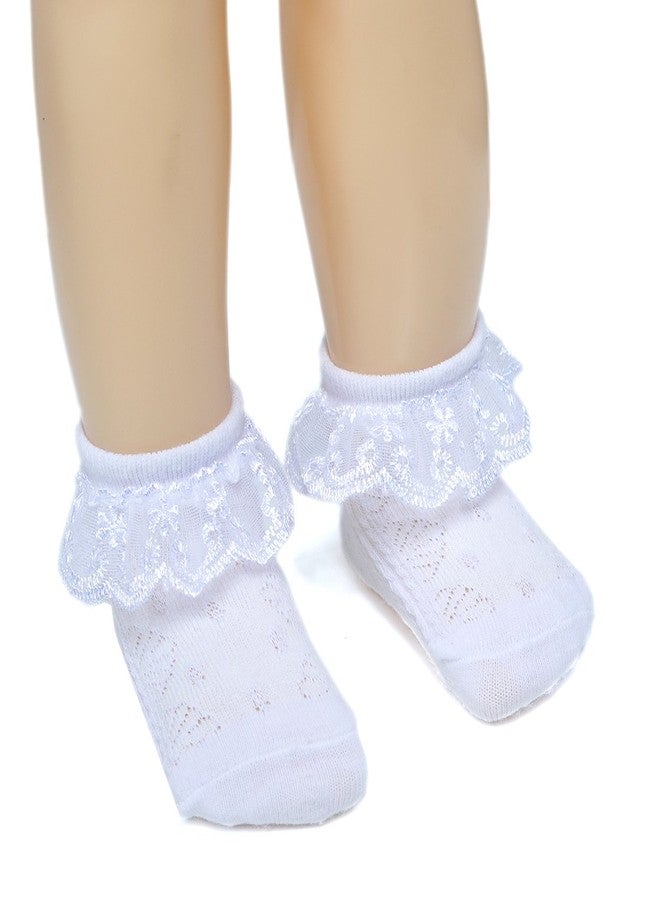 Epeius 2 Pairs Baby-Girls Toddlers Eyelet Frilly Lace Socks Princess Ankle Socks for 1-2 Years White/Pink/Off White - Image 5