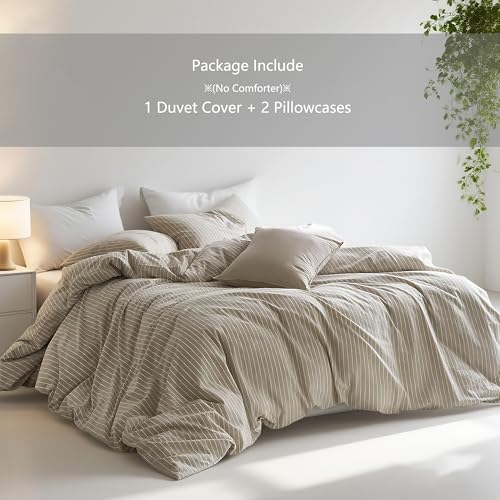 Nayoroom Brown Striped Duvet Cover Queen Size 100% Washed Cotton White Pinstripe Duvet Cover 3 Pieces Soft Breathable Girls Dorm Bedding Set for All Seasons, Yarn Dyed Process - Image 2