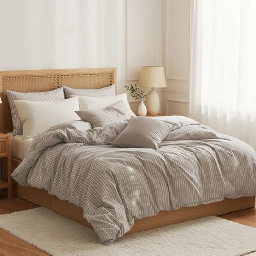Nayoroom Brown Striped Duvet Cover Queen Size 100% Washed Cotton White Pinstripe Duvet Cover 3 Pieces Soft Breathable Girls Dorm Bedding Set for All Seasons, Yarn Dyed Process - Image 5