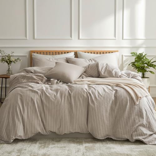 Nayoroom Brown Striped Duvet Cover Queen Size 100% Washed Cotton White Pinstripe Duvet Cover 3 Pieces Soft Breathable Girls Dorm Bedding Set for All Seasons, Yarn Dyed Process - Image 1