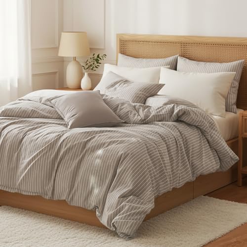 Nayoroom Brown Striped Duvet Cover Queen Size 100% Washed Cotton White Pinstripe Duvet Cover 3 Pieces Soft Breathable Girls Dorm Bedding Set for All Seasons, Yarn Dyed Process - Image 4