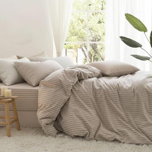 Nayoroom Brown Striped Duvet Cover Queen Size 100% Washed Cotton White Pinstripe Duvet Cover 3 Pieces Soft Breathable Girls Dorm Bedding Set for All Seasons, Yarn Dyed Process - Image 3
