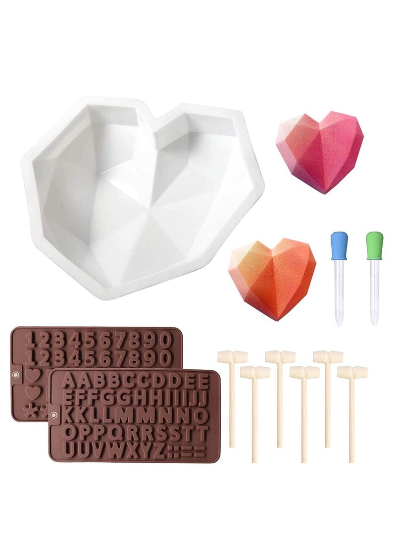 SYOSI Diamond Heart Shape Mousse Cake Mold Trays - Silicone Chocolate Dessert Baking Pan - Z Letters/Numbers Chocolate Mold with 6Pcs Wooden Hammers Love for Cake Decoration Candy Making Chocolate - Image 1