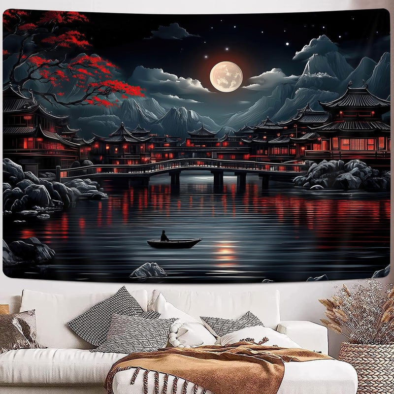 GOAOK Japanese Anime Tapestry, Cool Red and Black Dark Nature Mountain Riverside Full Moon Landscape Aesthetic Tapestry for Men, Asia Japanese Art Tapestries for Bedroom Living Room College, 80"X60" - Image 4