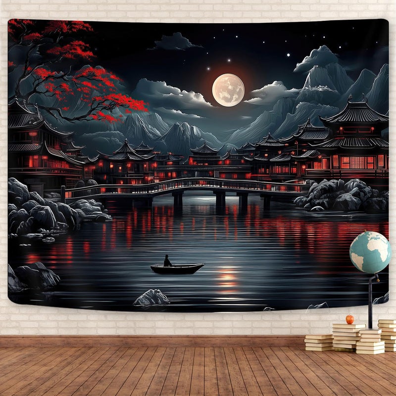 GOAOK Japanese Anime Tapestry, Cool Red and Black Dark Nature Mountain Riverside Full Moon Landscape Aesthetic Tapestry for Men, Asia Japanese Art Tapestries for Bedroom Living Room College, 80"X60" - Image 2