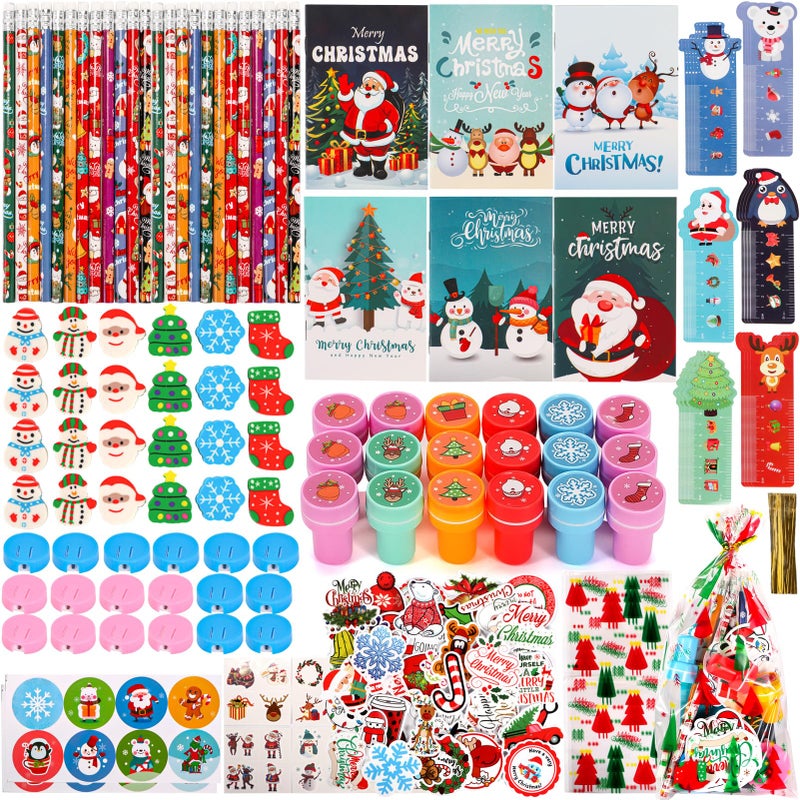 Atonofun 242 Pcs Christmas Party Favors Christmas School Stationery Set Xmas Classrooms Reward Prizes for Kids Notebooks Stickers Stamps Rulers Pencils Sharpener Erasers for Goodie Bag Fillers - Image 3