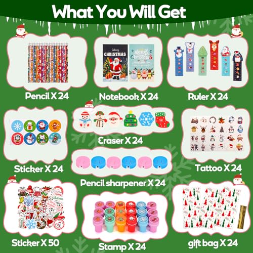 Atonofun 242 Pcs Christmas Party Favors Christmas School Stationery Set Xmas Classrooms Reward Prizes for Kids Notebooks Stickers Stamps Rulers Pencils Sharpener Erasers for Goodie Bag Fillers - Image 5